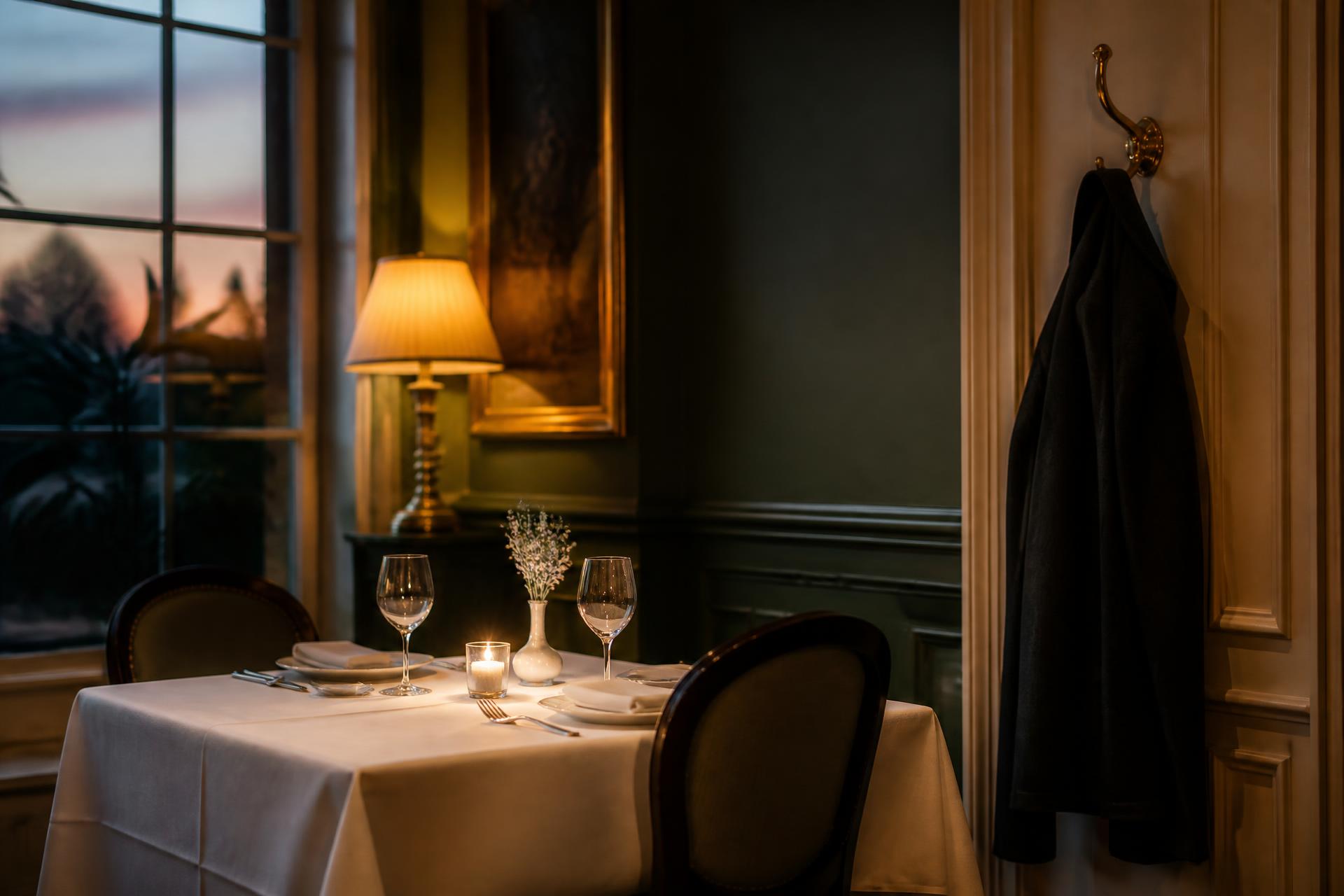 A candlelit table set for two at dusk, a coat already hanging on the wall beside it